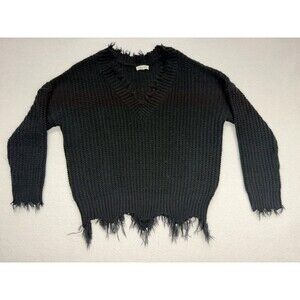 Main Strip Women's Pullover Knit Cropped Distressed Sweater Size Small Black